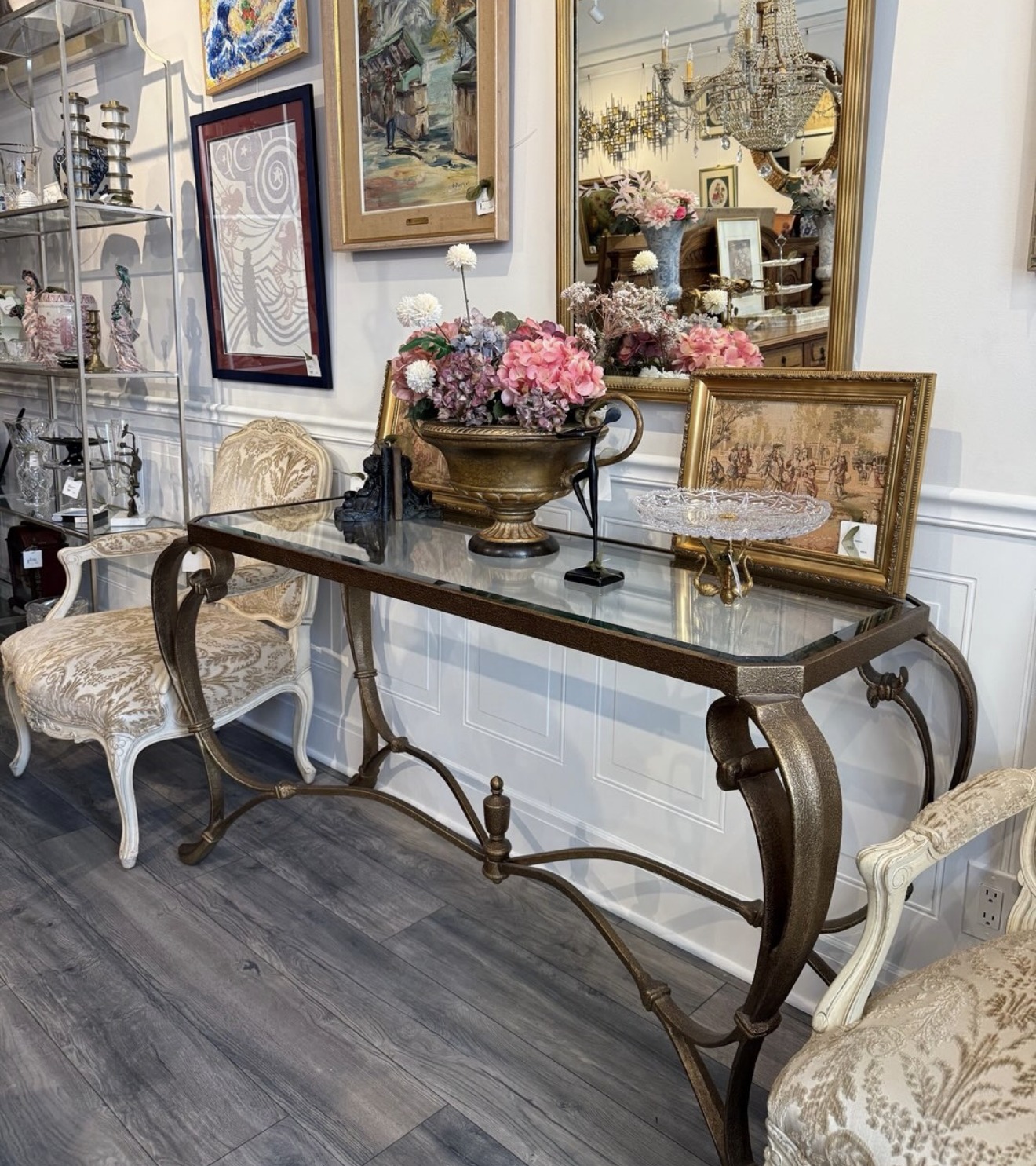 Hollywood Regency console table with beveled glass top