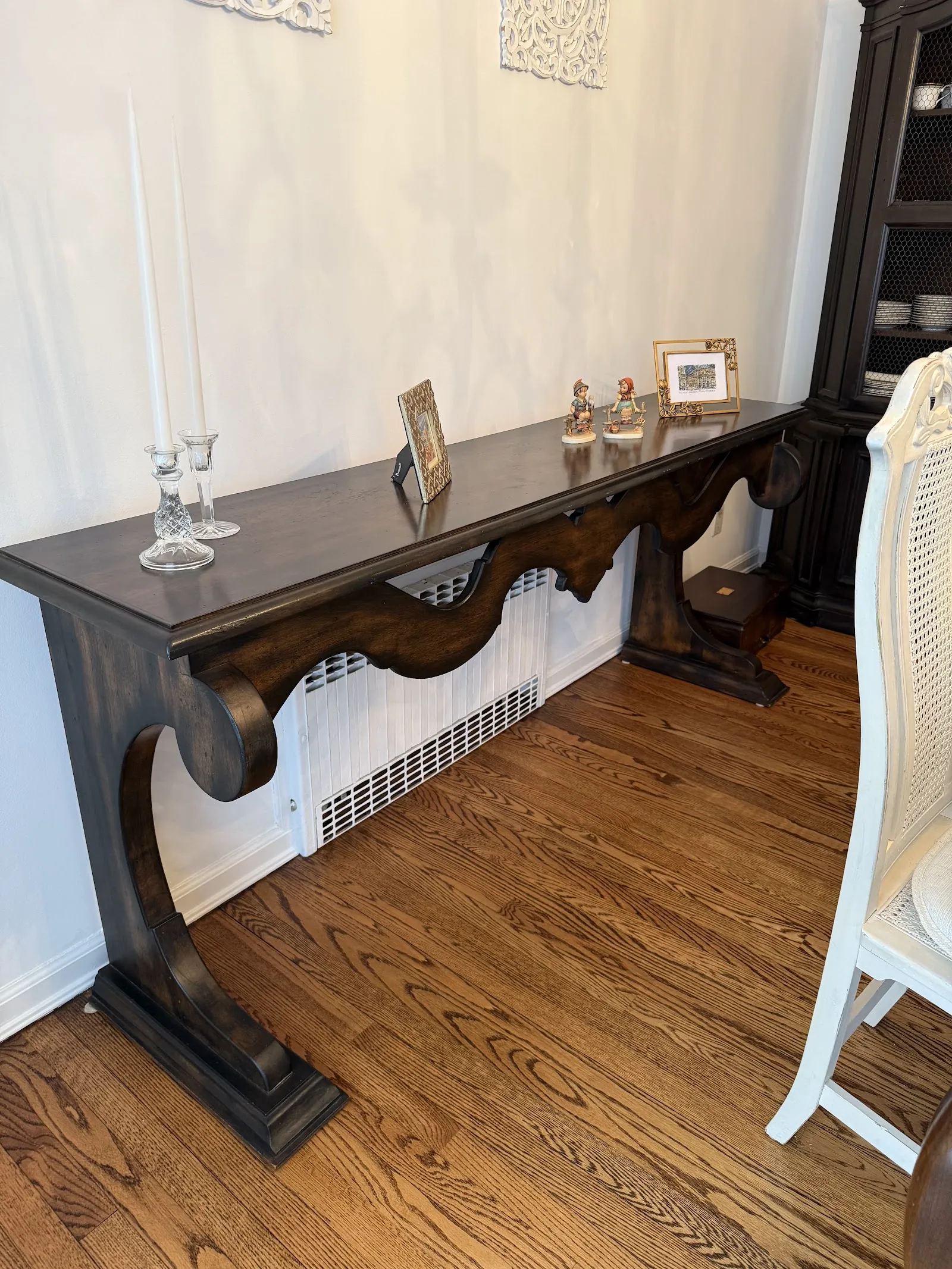 Dark wood console table with mirror