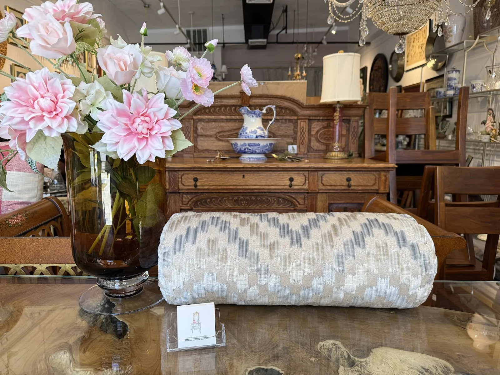 Bench with light blue and white patterned upholstery