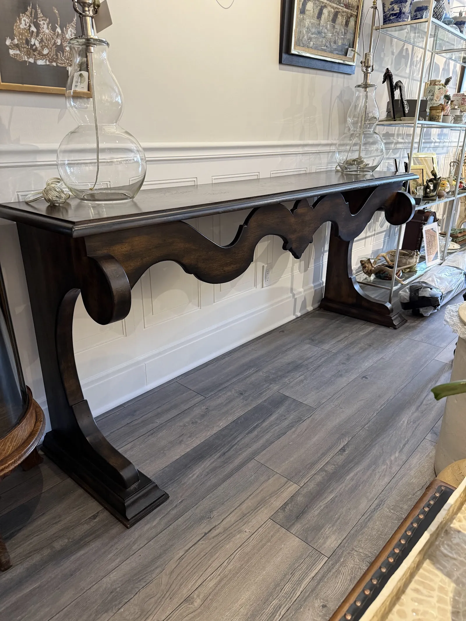 Console table with driftwood-style base