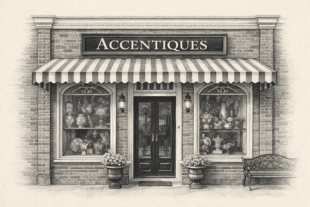 Pencil illustration of the Accentiques By Camille storefront